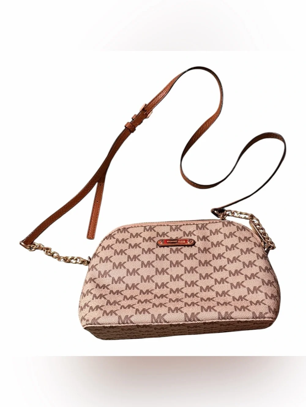 Michael Kors Brown/Beige MK Logo Crossbody with Chain Accent